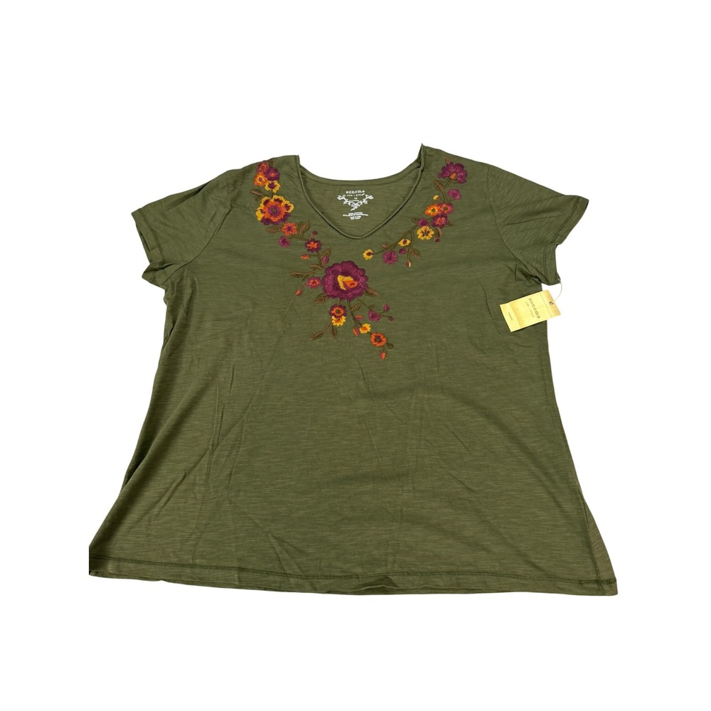 Sonoma Luxury Olive Floral Embroidered V-Neck Cotton T-Shirt 1X MSRP $34